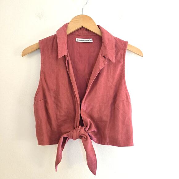 Abercrombie & Fitch S Linen Blend Tie-Front Cropped Vest Top Terracotta Pink - Picture 1 of 7
